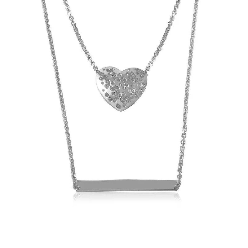 Silver 925 Rhodium Plated Double Chain Heart and Bar Necklace - DIN00043RH