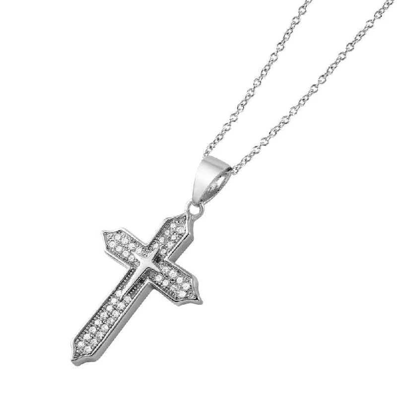 Silver 925 Rhodium Plated Double Cross CZ Pendant Necklace - STP01500