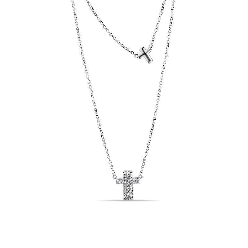 Silver 925 Rhodium Plated Double Cross Necklace with CZ - STP01516