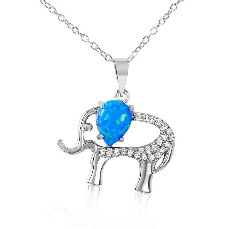 Silver 925 Rhodium Plated Elephant with CZ and Synthetic Blue Opal Necklace - BGP01068