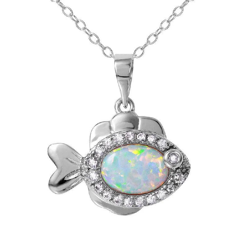 Silver 925 Rhodium Plated Fish with CZ and Synthetic Opal Necklace - BGP01078