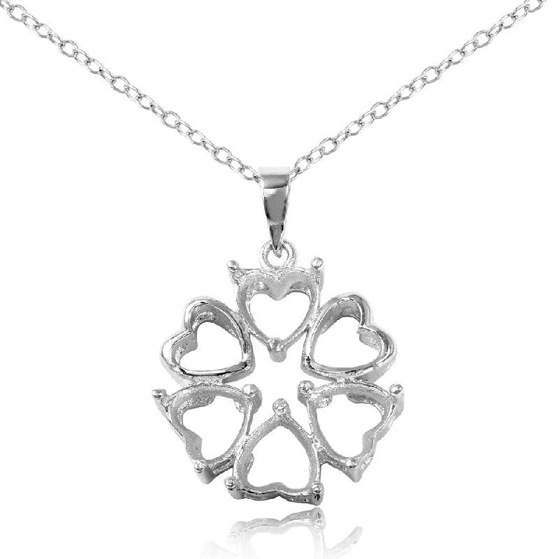 Silver 925 Rhodium Plated Flower Heart 3 Mounting Necklace - BGP00786