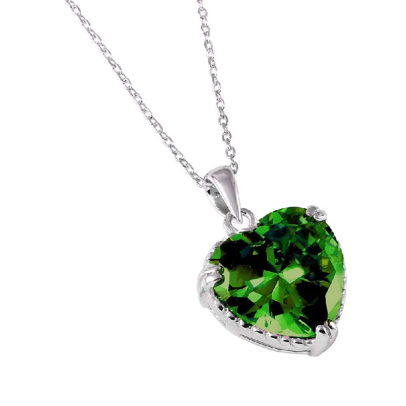 Silver 925 Rhodium Plated Green Heart CZ Rope Necklace - BGP00730