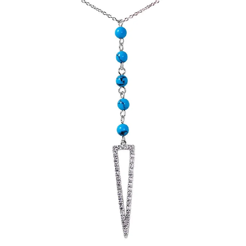 Silver 925 Rhodium Plated Hanging Open Triangle CZ with Turquoise Beads Necklace - BGP01062