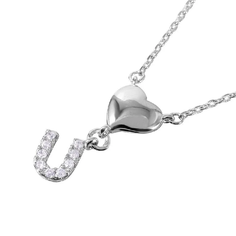 Silver 925 Rhodium Plated Heart and CZ U Necklace - BGP01064