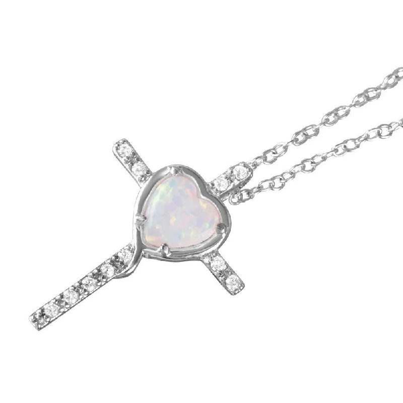 Silver 925 Rhodium Plated Heart Opal Clear CZ Cross Pendant Necklace - BGP01055