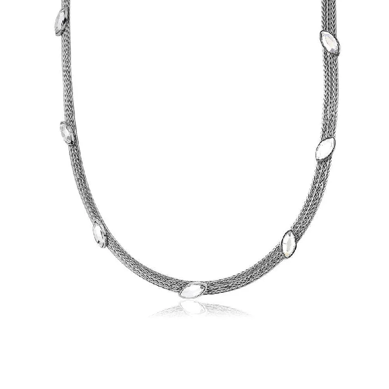 Silver 925 Rhodium Plated Italian Necklace with Marquise Stone Crystals - ECN00009RH