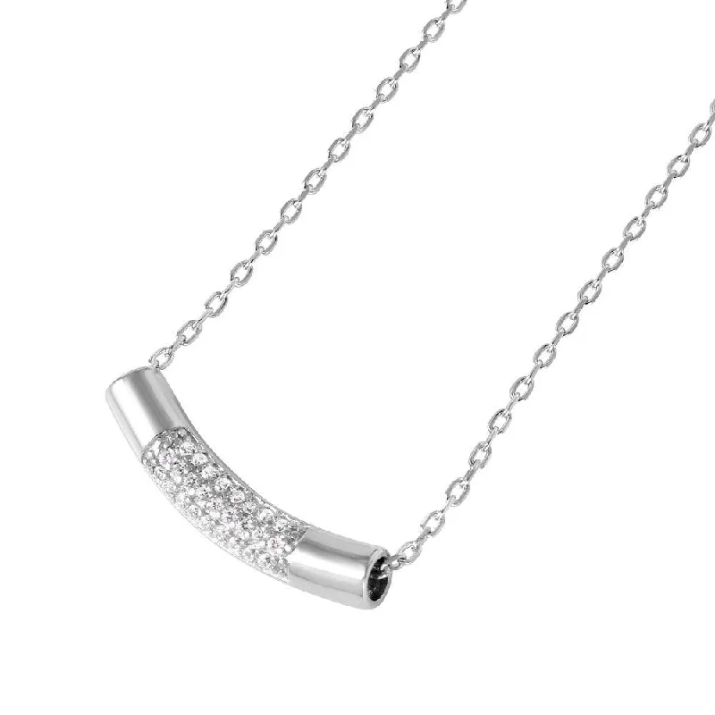 Silver 925 Rhodium Plated Macaroni Micro Pave CZ Pendant Necklace - STP01486