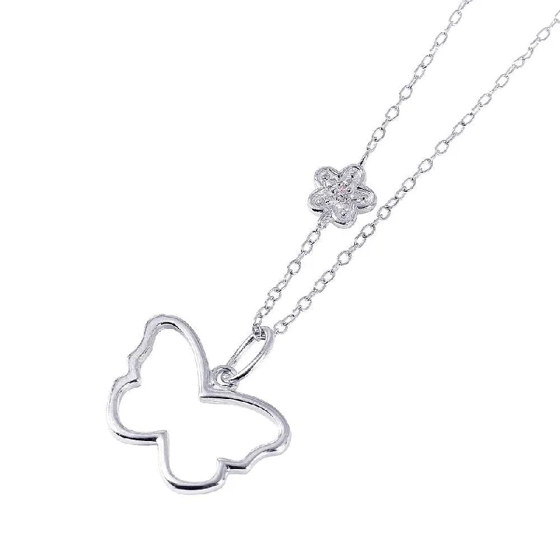 Silver 925 Rhodium Plated Open Butterfly with Flower CZ Necklace - STP01451