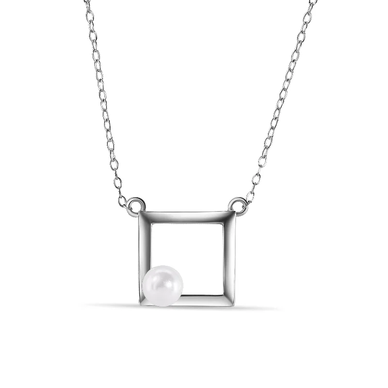 Silver 925 Rhodium Plated Open Square Fresh Water Pearl Necklace - STP01491