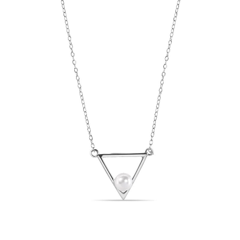 Silver 925 Rhodium Plated Open Triangle Fresh Water Pearl Necklace - STP01492