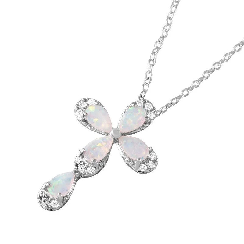 Silver 925 Rhodium Plated Pear Opal Clear CZ Cross Pendant Necklace - BGP01052