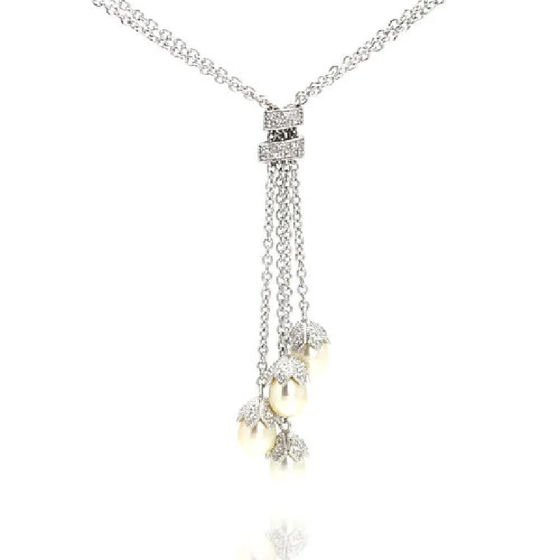 Silver 925 Rhodium Plated Pearl Drops CZ Pendant Necklace - STP00928