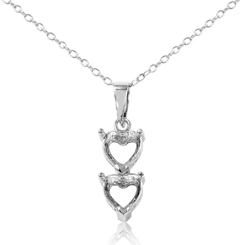 Silver 925 Rhodium Plated Personalized 2 Heart Drop Mounting Necklace - BGP00781