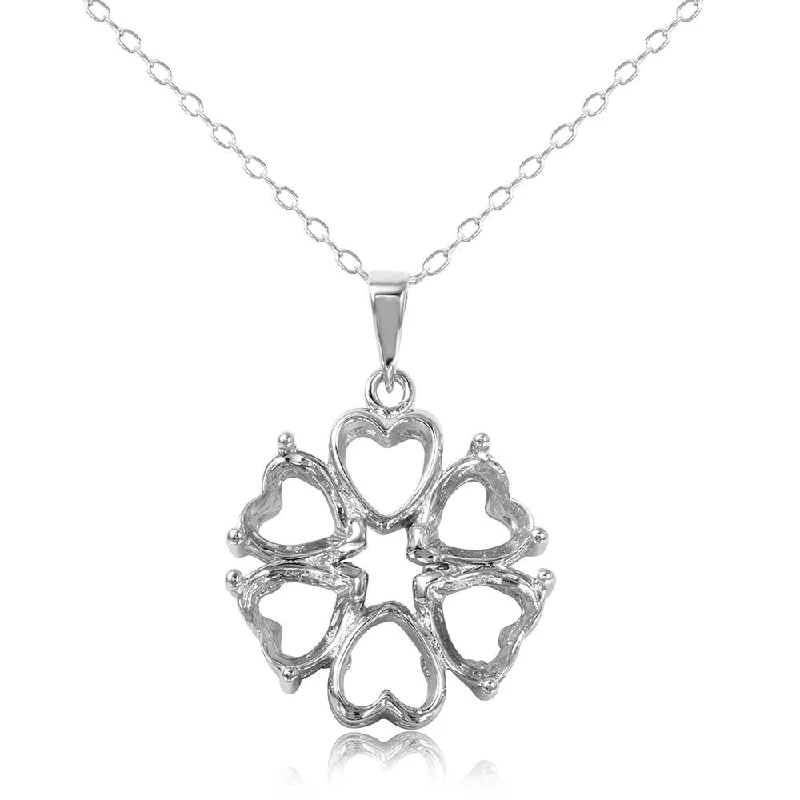 Silver 925 Rhodium Plated Personalized 4 Hearts Mounting 2 Open Heart Flower Necklace - BGP00784