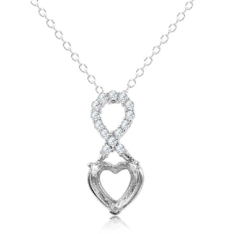 Silver 925 Rhodium Plated Personalized Infinity Drop Heart Mounting Necklace with CZ - BGP01088