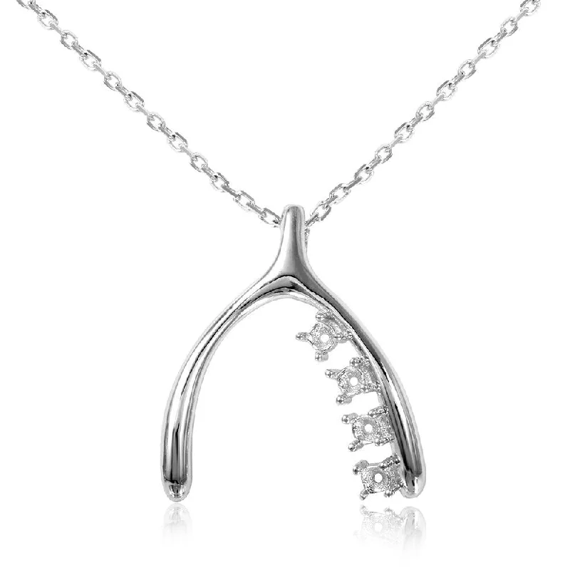 Silver 925 Rhodium Plated Personalized Wish Bone with 4 Stone Mounting Necklace - BGP00540