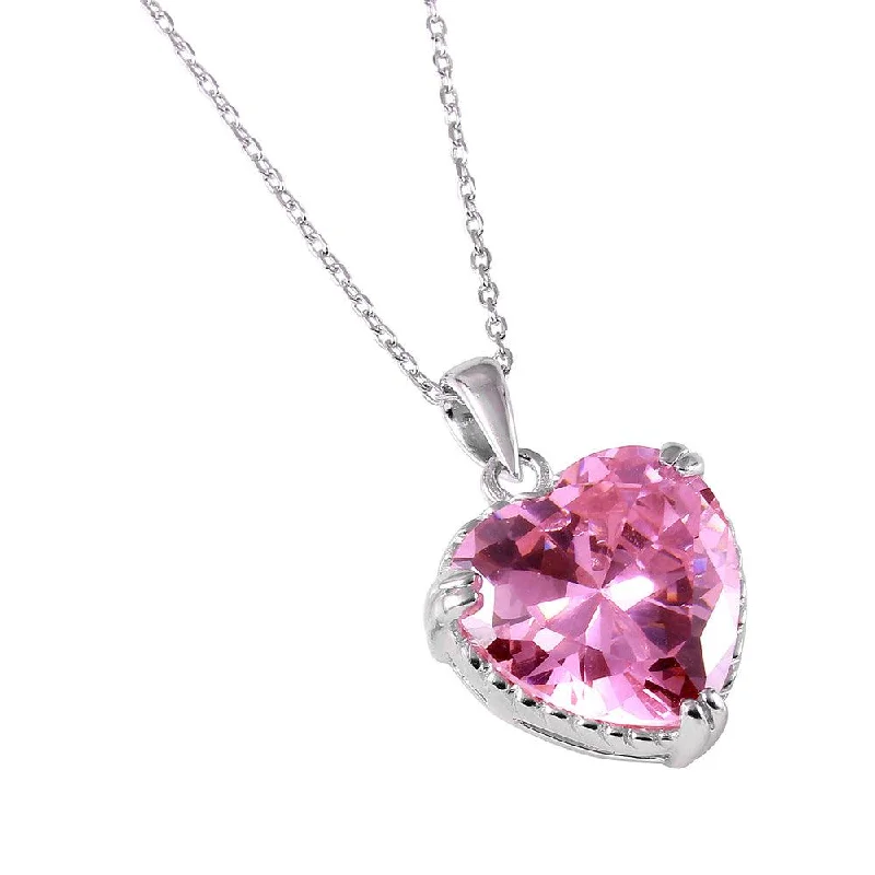 Silver 925 Rhodium Plated Pink Heart CZ Rope Necklace - BGP00731PNK