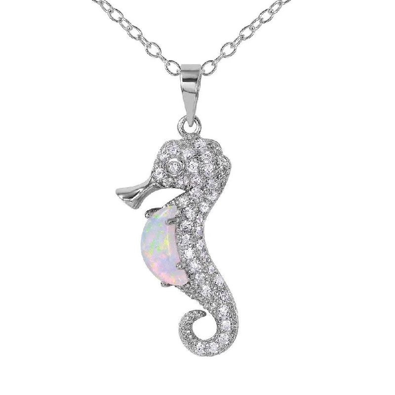 Silver 925 Rhodium Plated Sea Horse with CZ and Synthetic Opal Necklace - BGP01071WHT