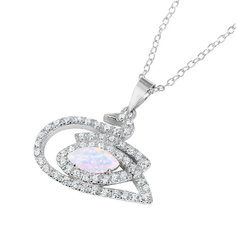 Silver 925 Rhodium Plated Swan with CZ and Synthetic Opal Stone Necklace - BGP01040