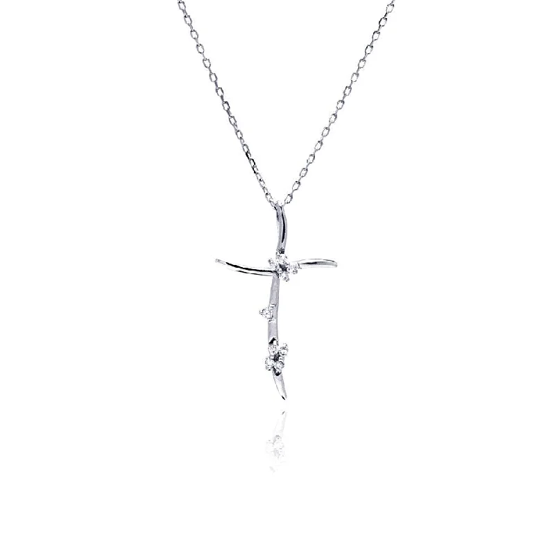 Silver 925 Rhodium Plated Thin Wavy CZ Cross Pendant Necklace - BGP00466