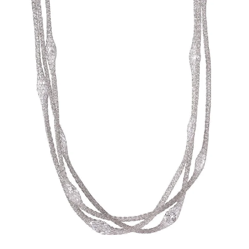 Silver 925 Rhodium Plated Triple Strand Mesh Necklace Filled with Marquise CZ - ITN00050RH