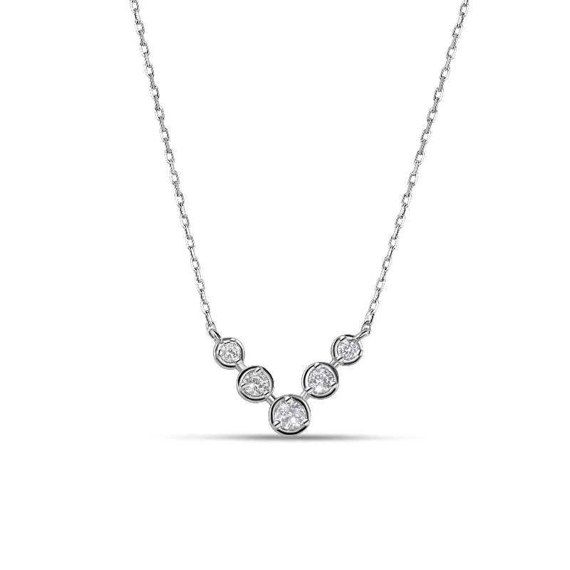 Silver 925 Rhodium Plated 'V'-Shaped CZ Pendant Necklace - STP01484