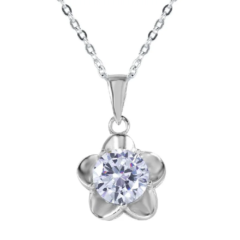 Silver 925 Small 5 Petal Flower With Large CZ Center Pendant Necklace - BGP00609