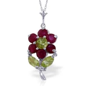 1.06 Carat 14K Solid White Gold Flower Necklace Ruby Peridot