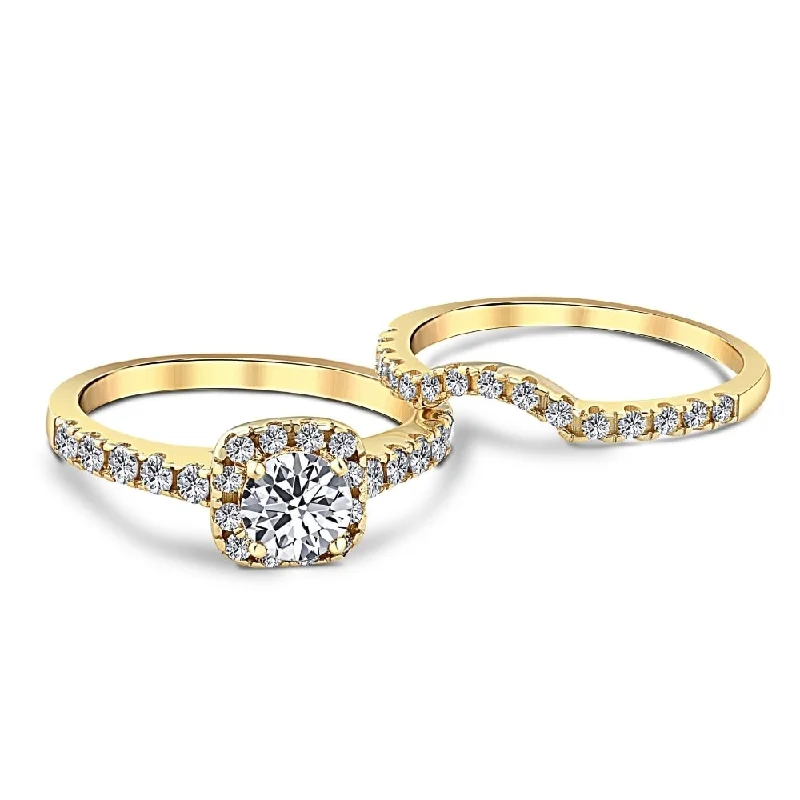 1 1/4 Ct Diamond Cushion Halo Engagement Wedding Ring Set Yellow Gold