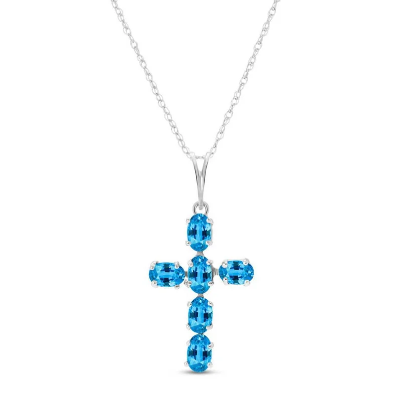 1.5 Carat 14K Solid White Gold Cross Necklace Natural Blue Topaz