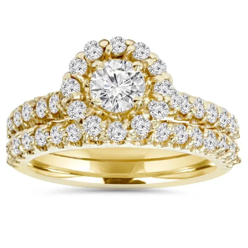 1 7/8ct Round Diamond Halo Engagement Wedding Ring Set Yellow Gold