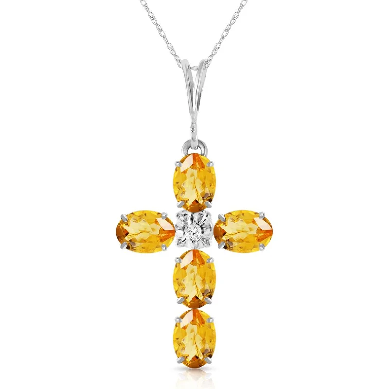 1.88 Carat 14K Solid White Gold Cross Necklace Natural Diamond Citrine