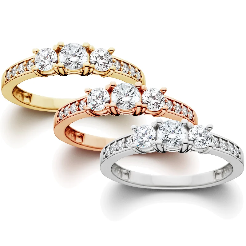 1 ct 3-Stone Diamond Engagement Ring in White, Yellow, Rose Gold