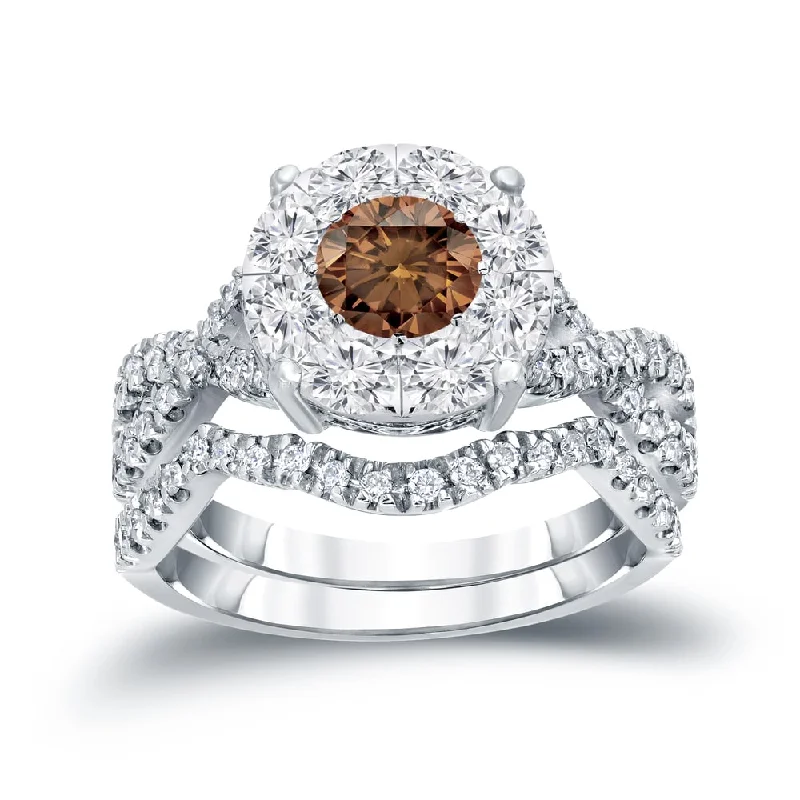 14k Gold 1 1/5ct TDW Infinity Inspired Brown Diamond Halo Engagement Ring Set by Auriya