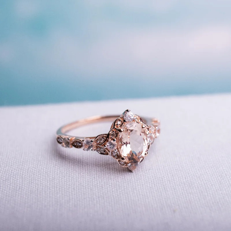 14k Rose Gold Morganite White Sapphire and Diamond Accent Vintage Ring by Miadora