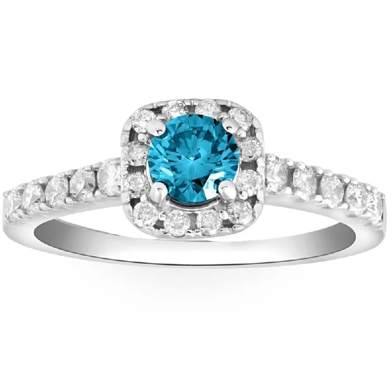 1Ct Blue Diamond Cushion Halo Engagement Ring in White Gold