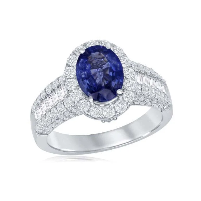 Mountz Collection Oval Sapphire and Diamond Halo Ring with Baguettes in 14K White Gold