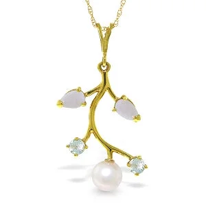 2.45 Carat 14K Solid Yellow Gold Necklace Opal, Aquamarine Pearl