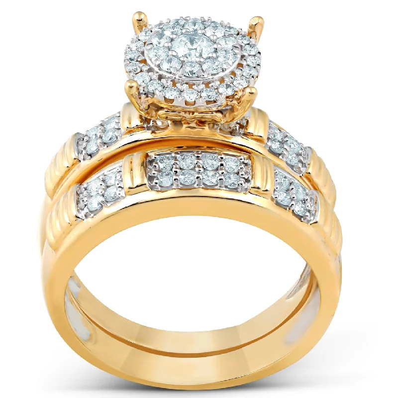 3/4 Ct Halo Diamond Engagement Wedding Ring Set Yellow Gold