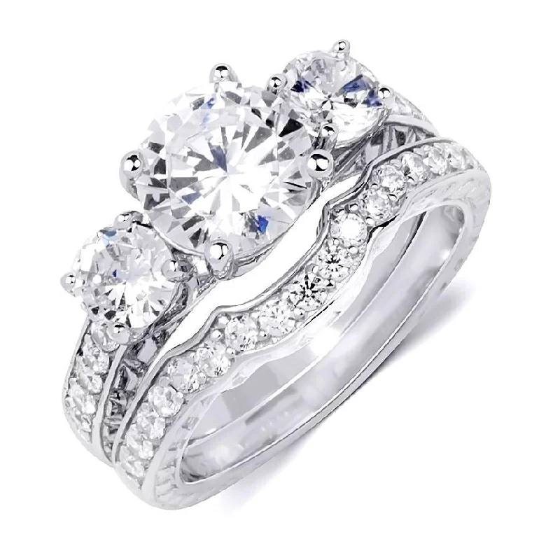 3.5 CT Round Cut Wedding Band Engagement Ring Set Bridal Silver