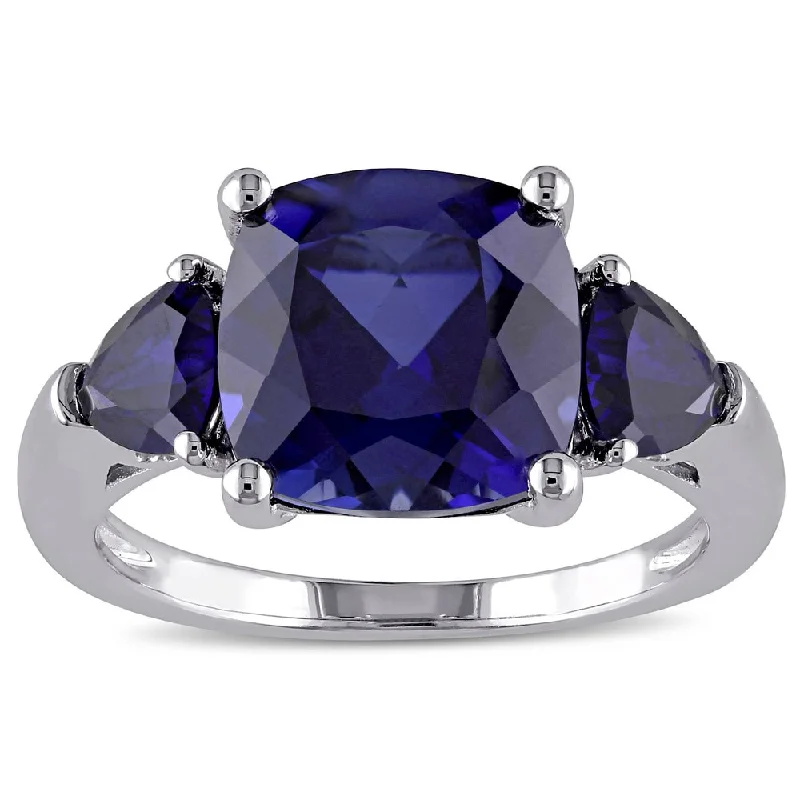 3-Stone Multi-Cut 7/10ct TGW Created Blue Sapphire Ring in Sterling Silver by Miadora