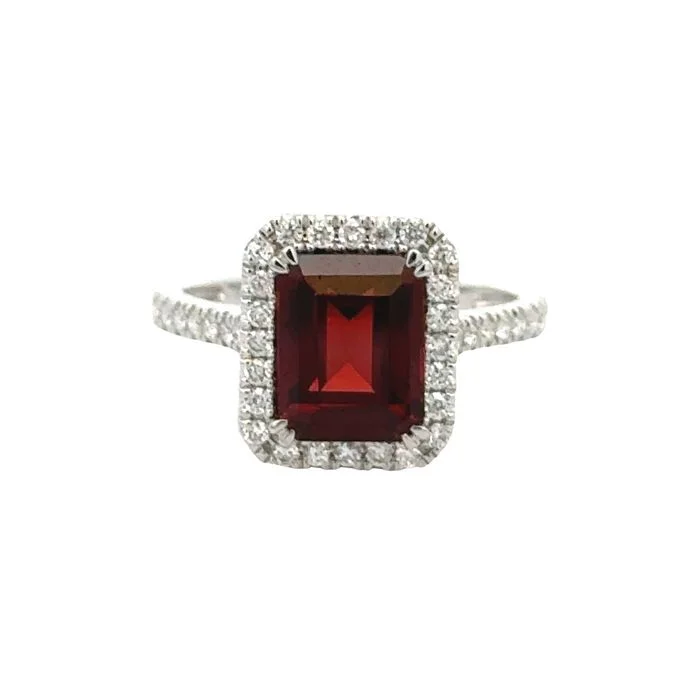 Mountz Collection Garnet Ring with Diamond Halo in 14K White Gold