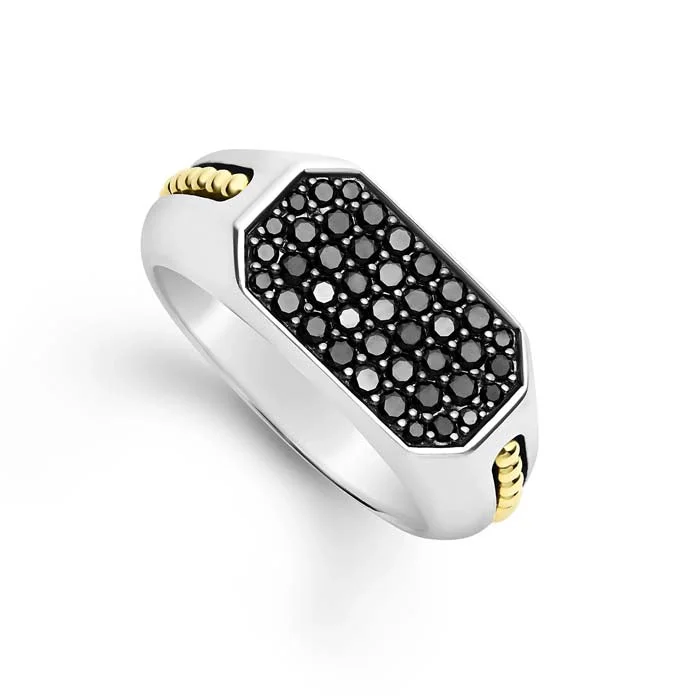 LAGOS Anthem Two-Tone Octagon Black Diamond Ring in Sterling Silver and 18K Yellow Gold