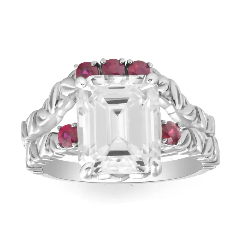 5 1/2Ct Ruby & Emerald Cut Moissanite Petite Leaf Engagement Set in Gold