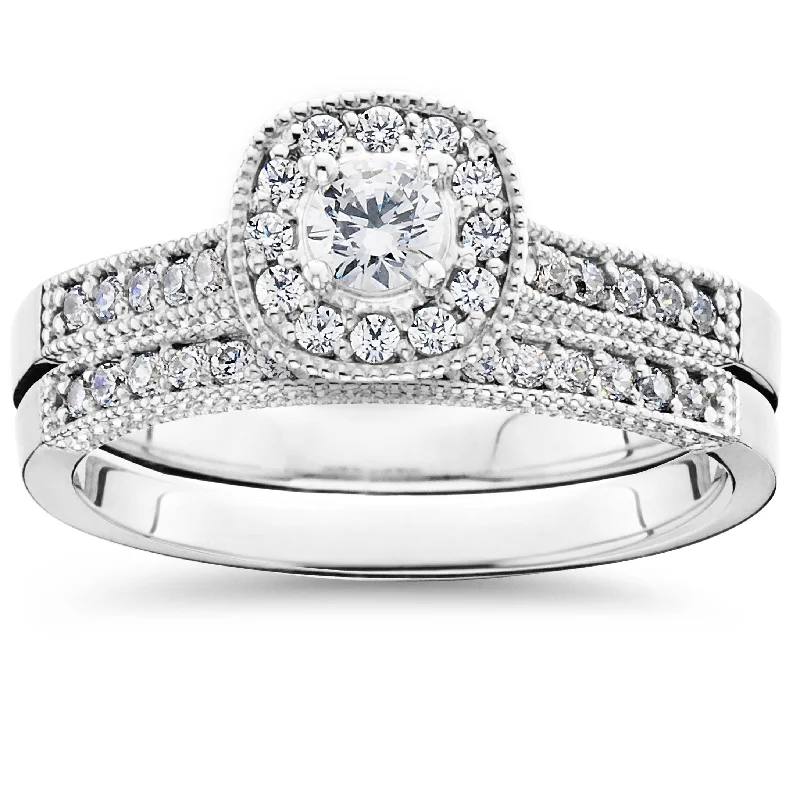 5/8Ct Diamond Bridal Vintage Engagement Ring Set White Gold