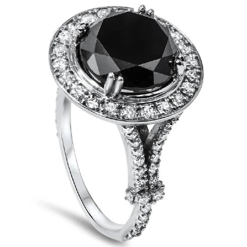 6ct Treated Black Diamond Halo Vintage Engagement Ring White Gold