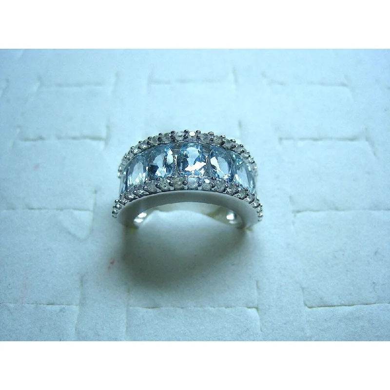 925 Sterling Silver Aquamarine and White Sapphire Band Ring