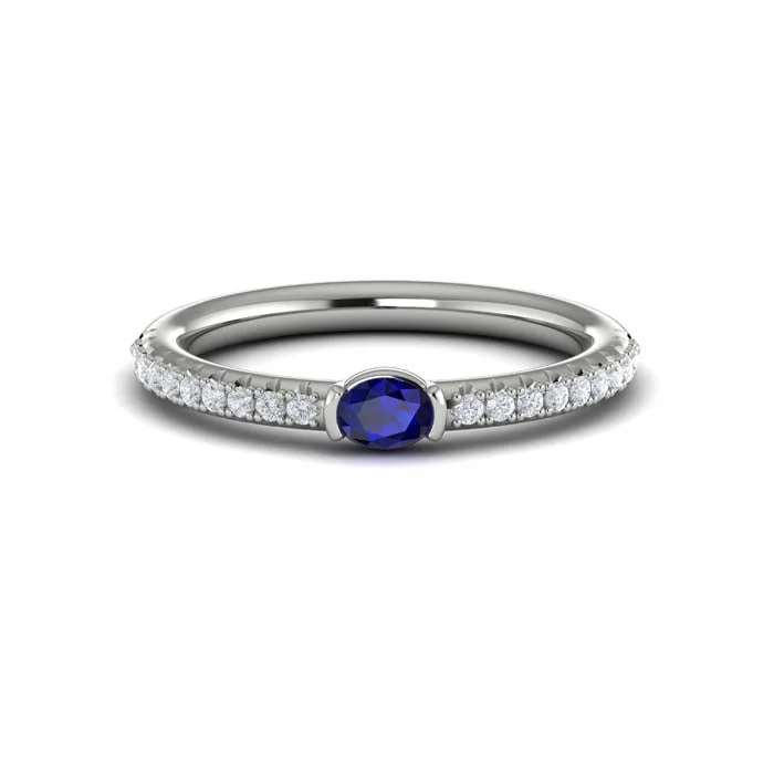 Vlora Horizontal Oval Blue Sapphire "Sofia Collection" Ring in 14K White Gold