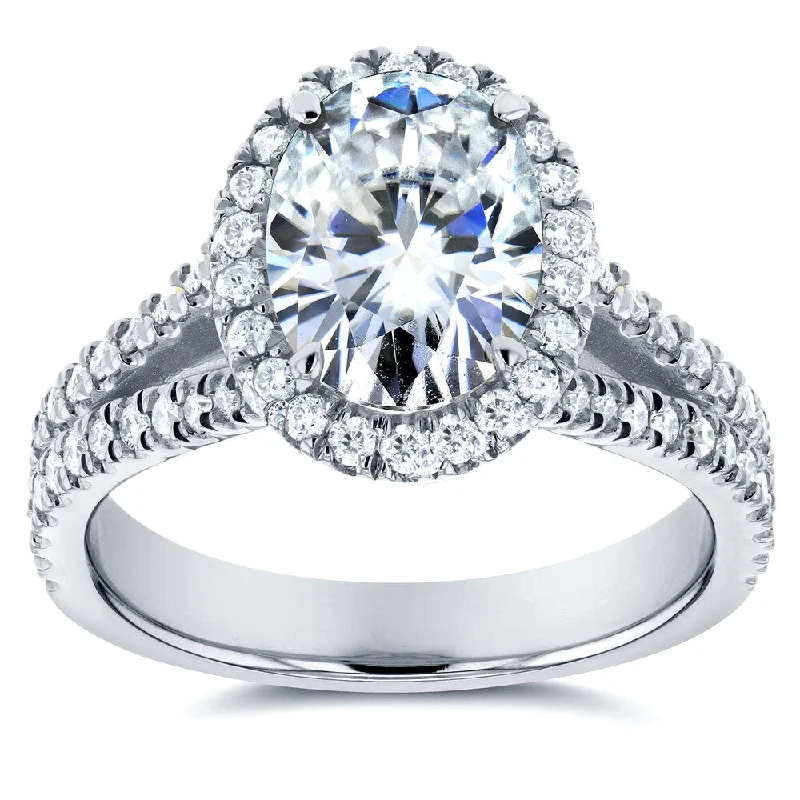 Annello by Kobelli 14k White Gold 2ct TGW Moissanite and Diamond Oval Halo Split Shank Engagement Ring (GH/VS, GH/I)